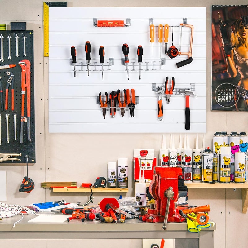 Yaocom 6 Pcs Slatwall Screwdriver Holders Slat Boards Organizer Slatwall Hooks Hangers Plier Holders Accessory Multi Tool Organizer Racks for Garage Shop Retail Store Display, 2 Size 3 Style (Gray) - Image 5